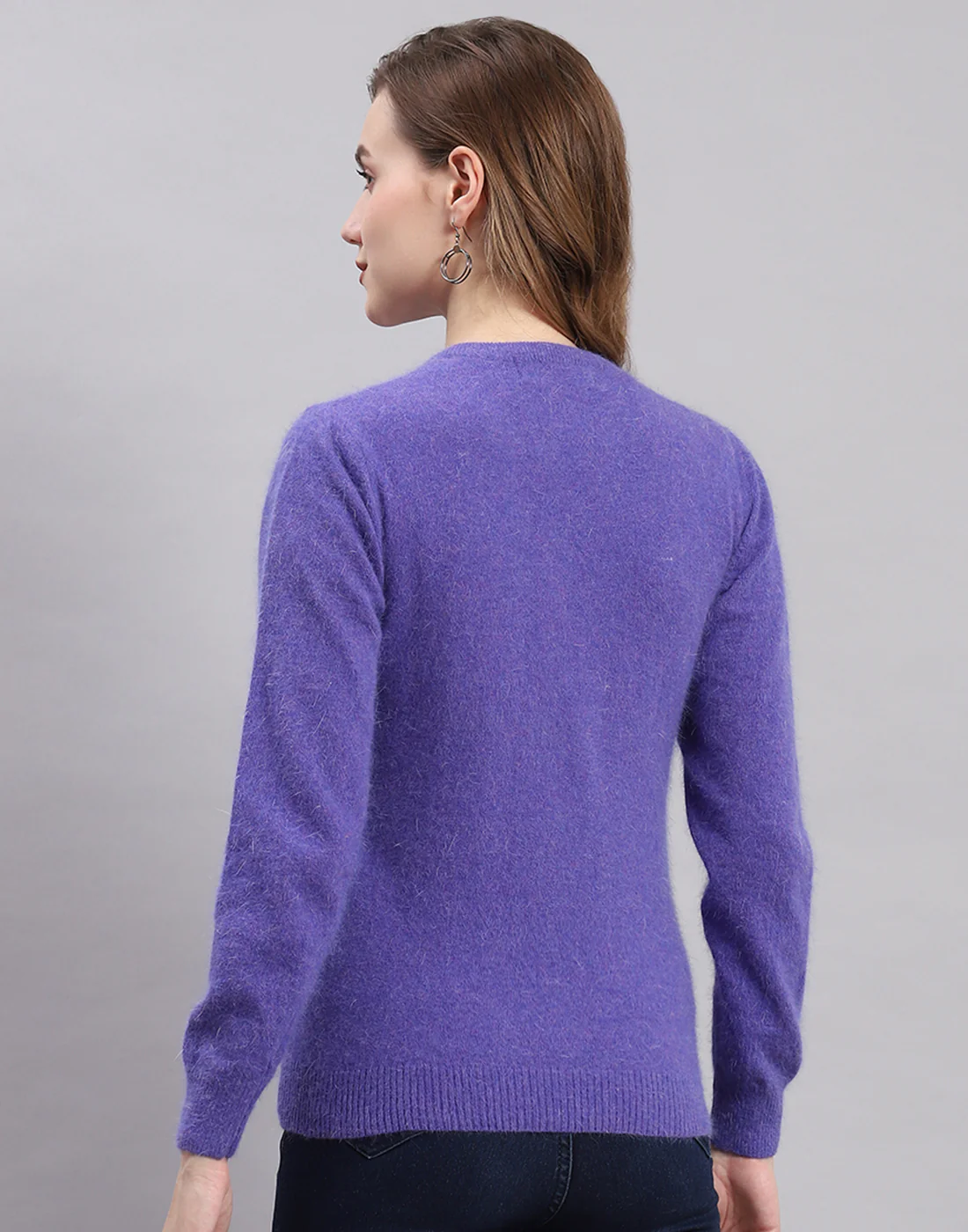 Women Purple Solid Round Neck Full Sleeve Cardigan - Image 7