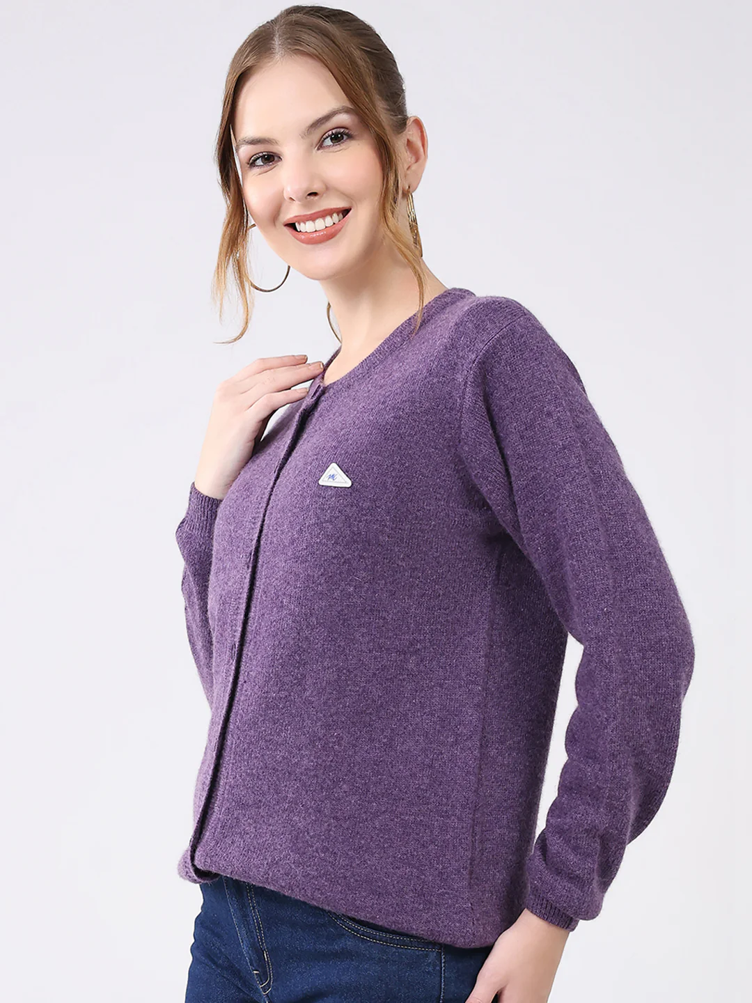 Women Purple Solid Round Neck Full Sleeve Cardigan - Image 3