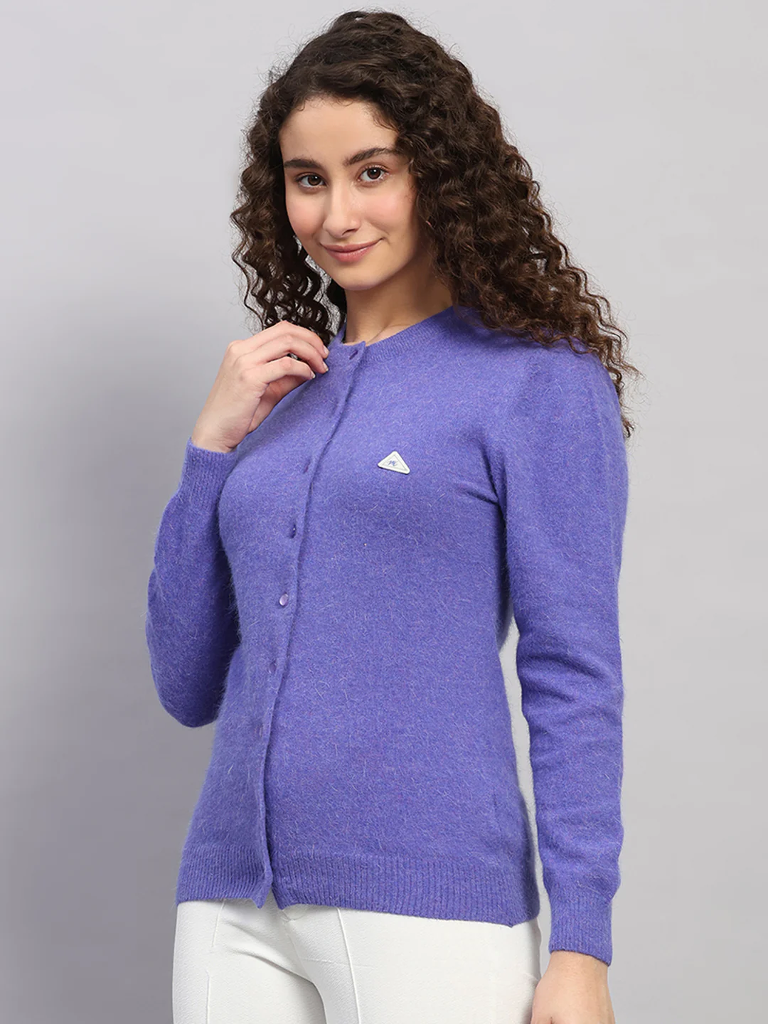Women Purple Solid Round Neck Full Sleeve Cardigan - Image 3