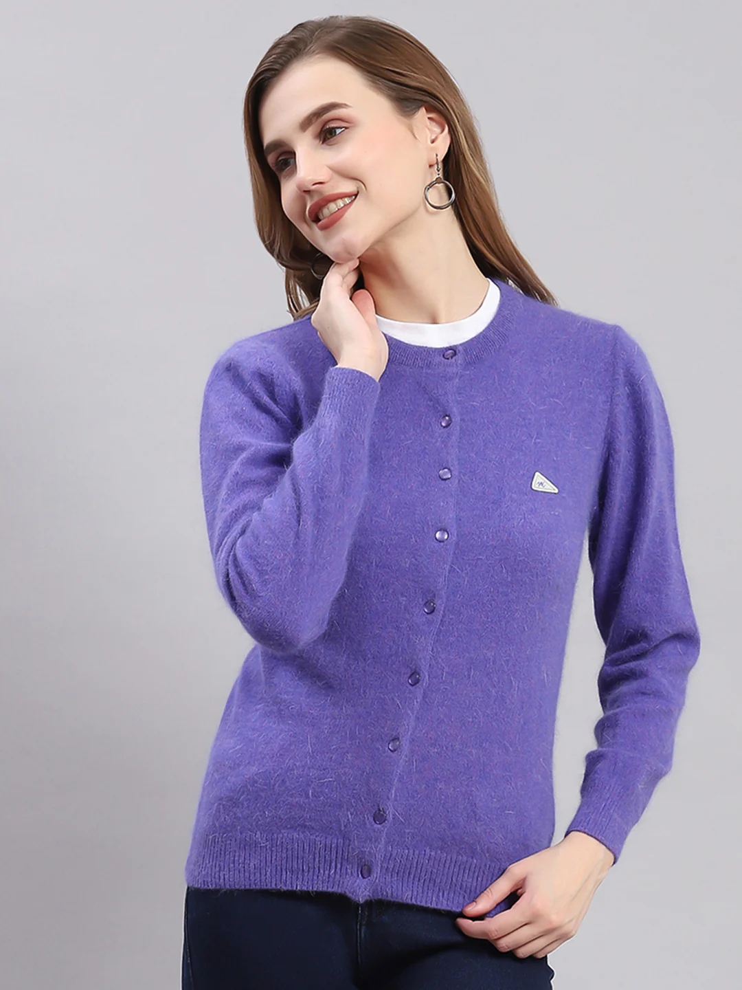 Women Purple Solid Round Neck Full Sleeve Cardigans - Image 3
