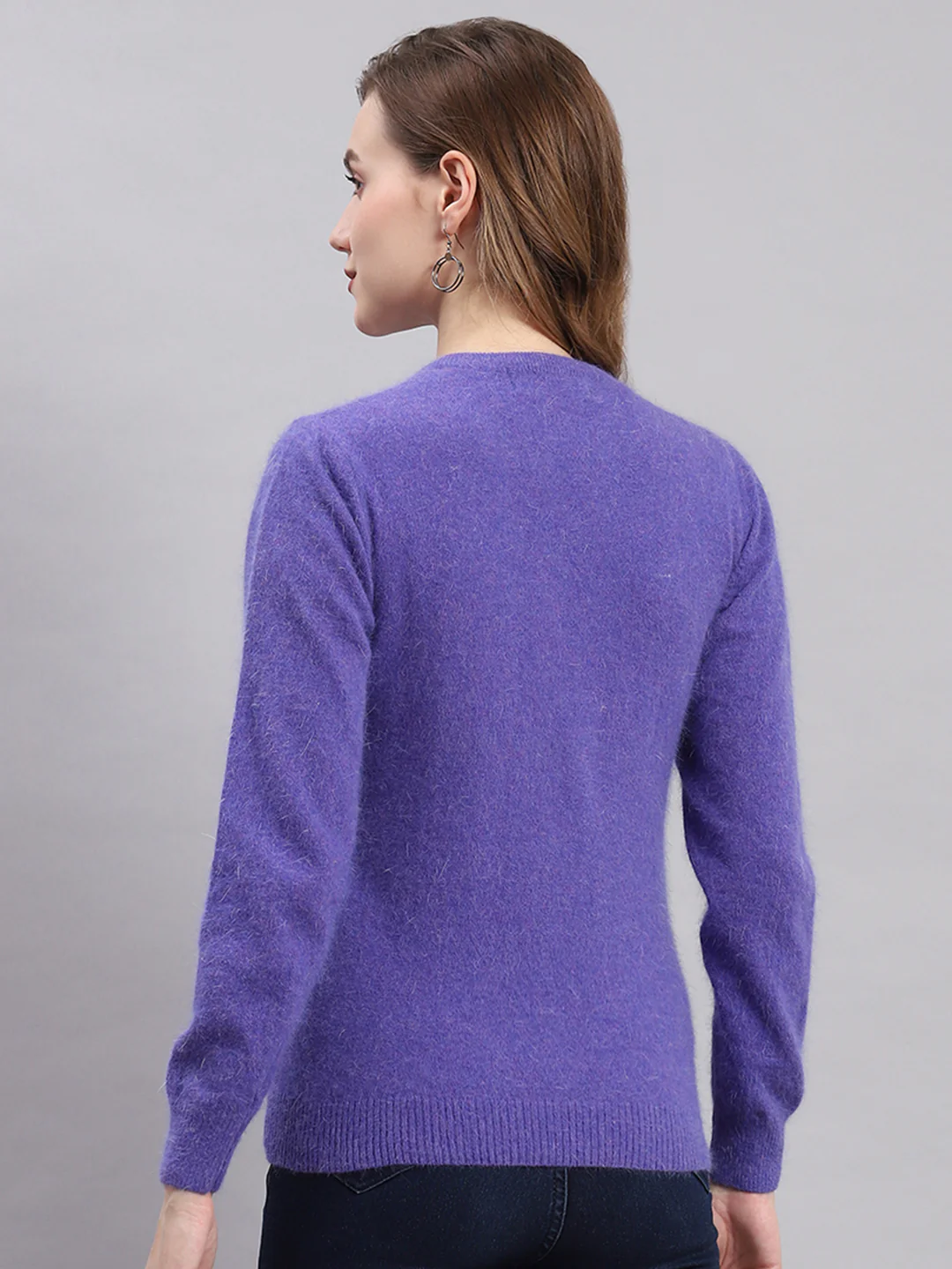 Women Purple Solid Round Neck Full Sleeve Cardigans - Image 6