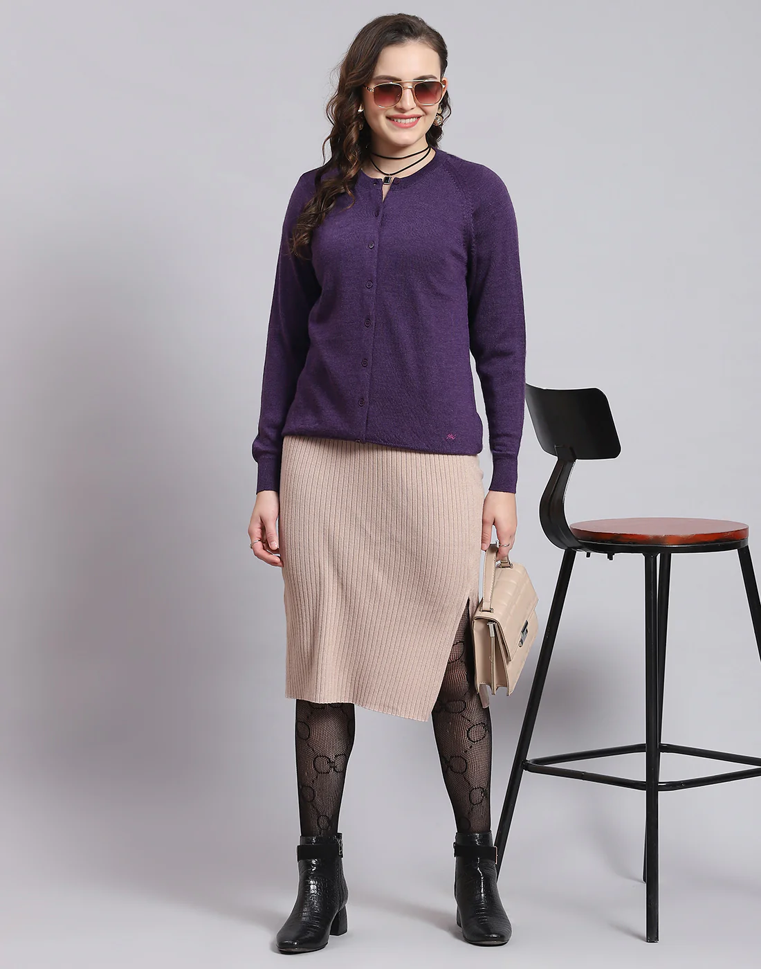 Women Purple Solid Round Neck Full Sleeve Sweater - Image 2