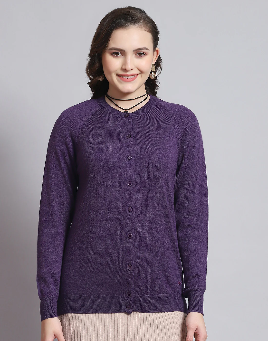 Women Purple Solid Round Neck Full Sleeve Sweater - Image 3