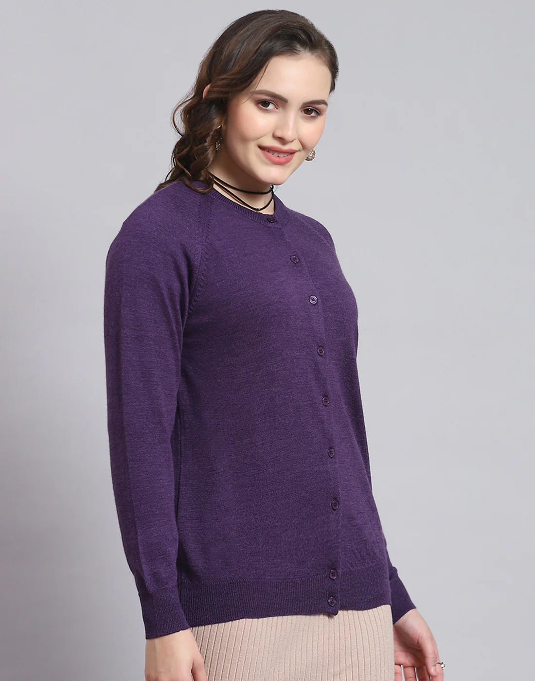 Women Purple Solid Round Neck Full Sleeve Sweater - Image 4