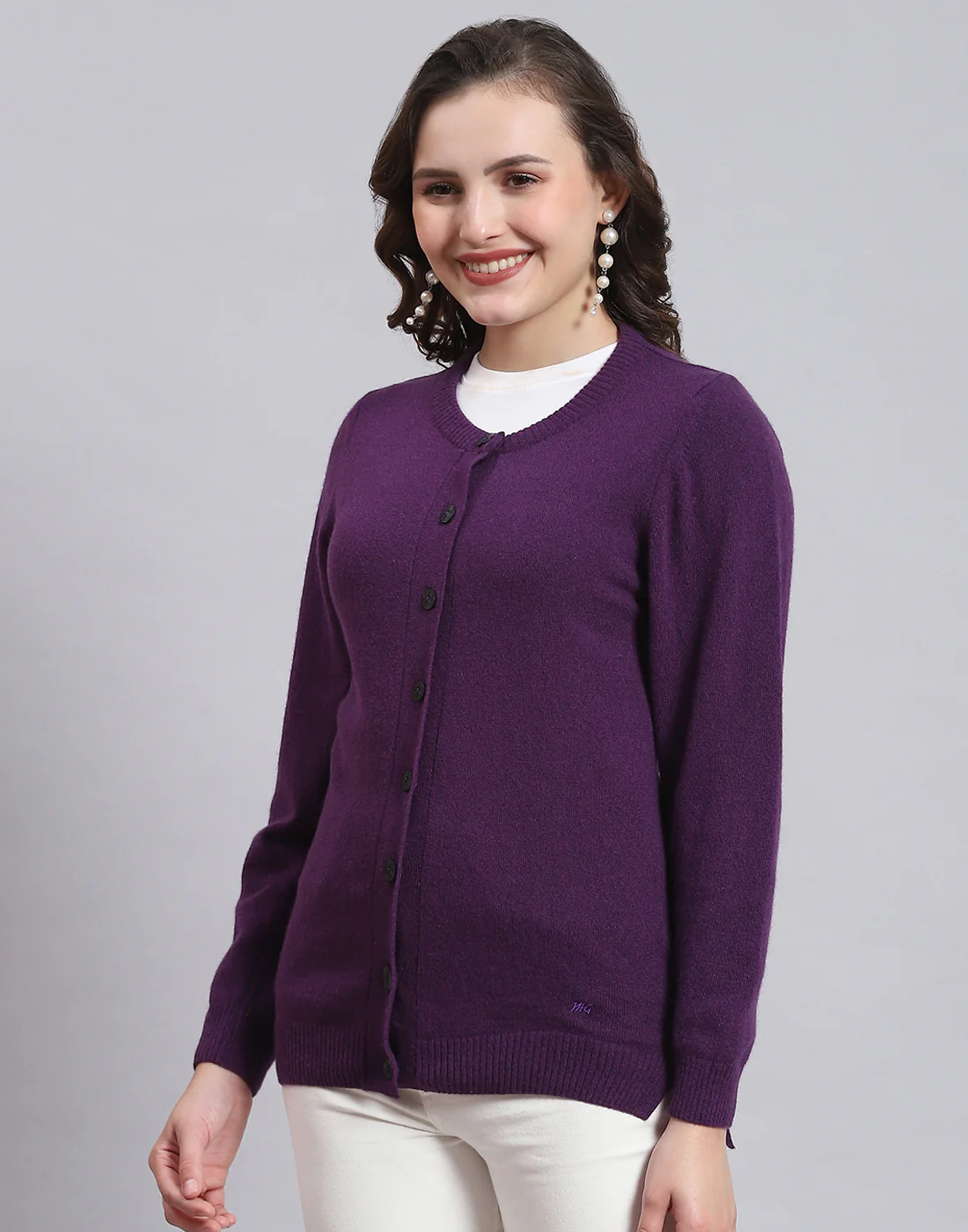 Women Purple Solid Round Neck Full Sleeve Sweater - Image 4