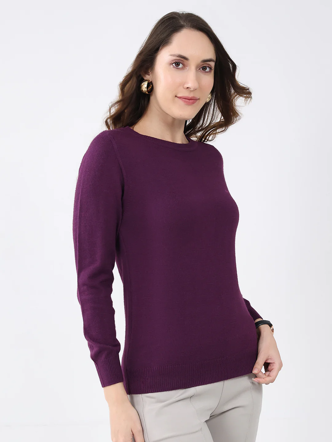 Women Purple Solid Round Neck Full Sleeve Winter Top - Image 4
