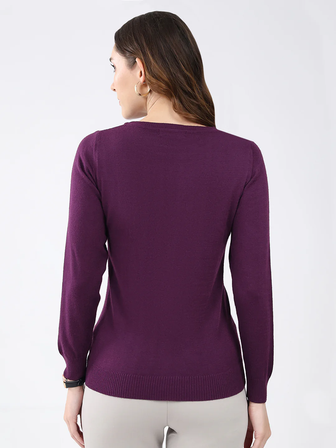 Women Purple Solid Round Neck Full Sleeve Winter Top - Image 5