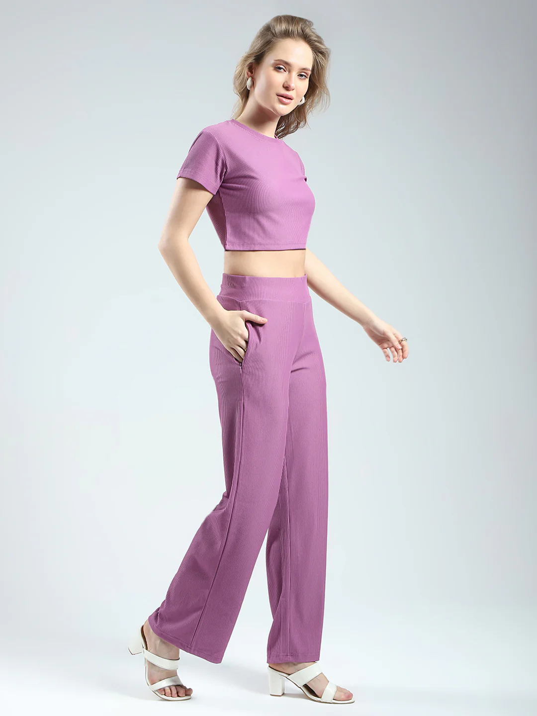 Rock.it Women Purple Solid Round Neck Half Sleeve Cords Set - Image 5