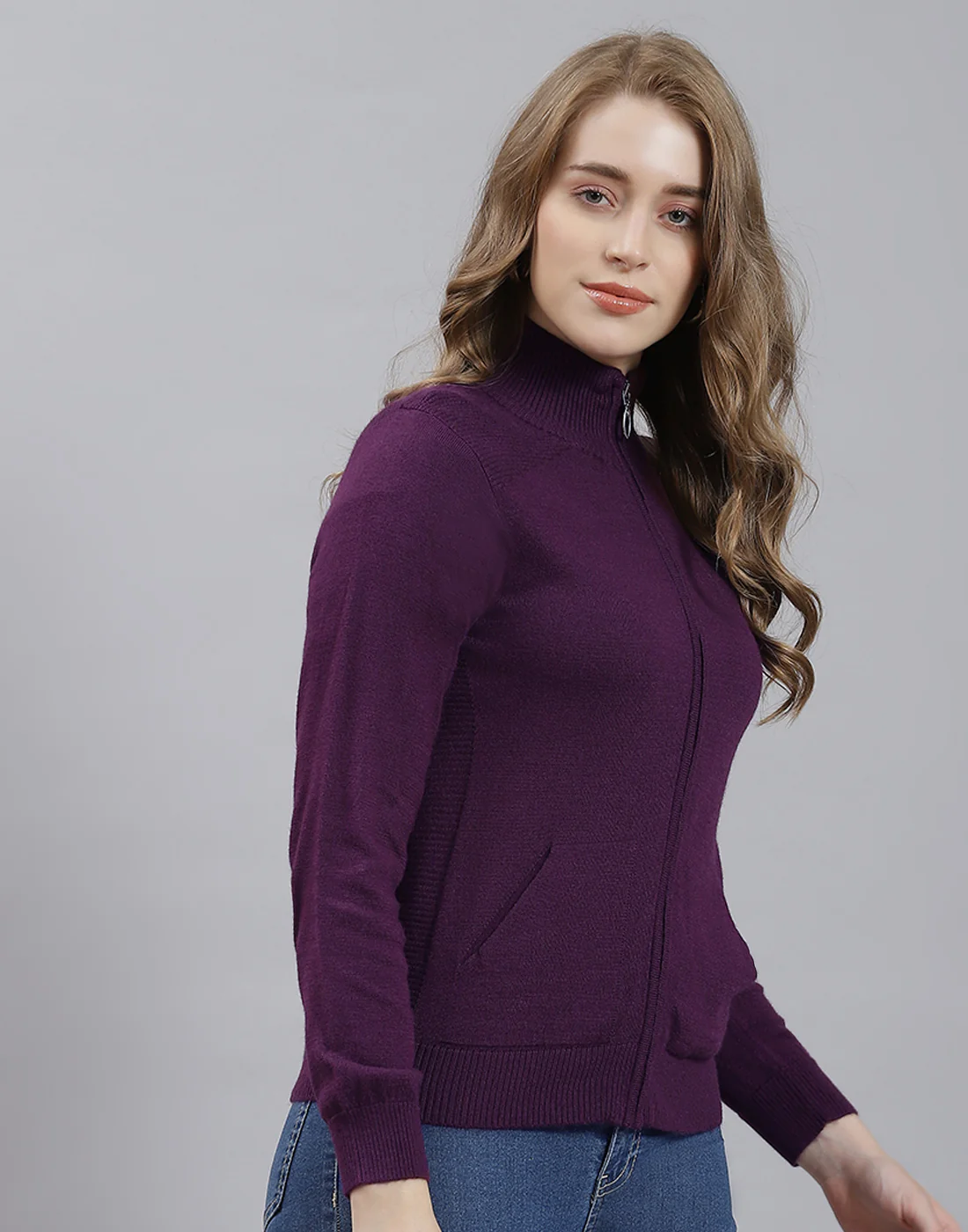 Women Purple Solid Stand Collar Full Sleeve Cardigan - Image 4