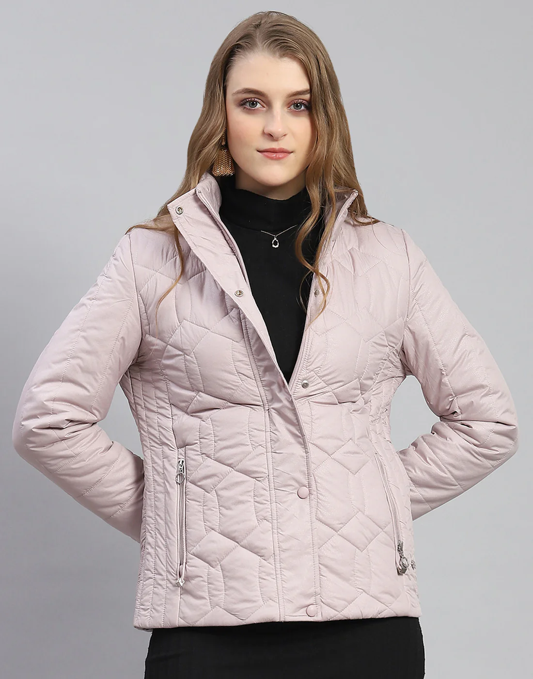 Women Purple Solid Stand Collar Full Sleeve Jacket - Image 2