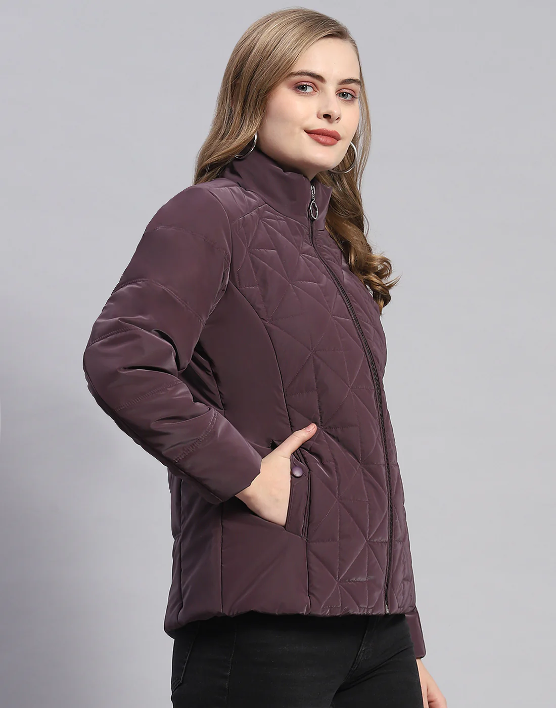 Women Purple Solid Stand Collar Full Sleeve Jacket - Image 4