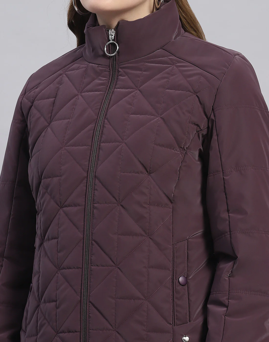 Women Purple Solid Stand Collar Full Sleeve Jacket - Image 6