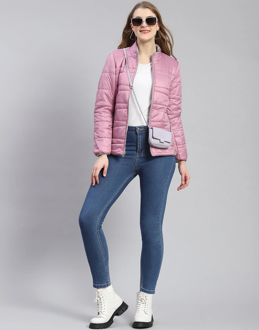 Women Purple Solid Stand Collar Full Sleeve Jacket - Image 3