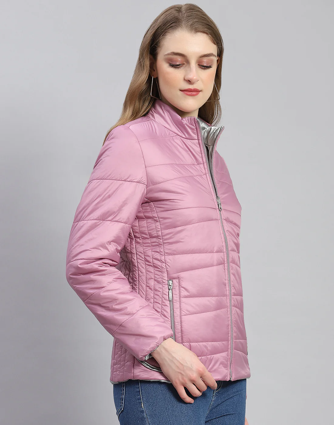 Women Purple Solid Stand Collar Full Sleeve Jacket - Image 5