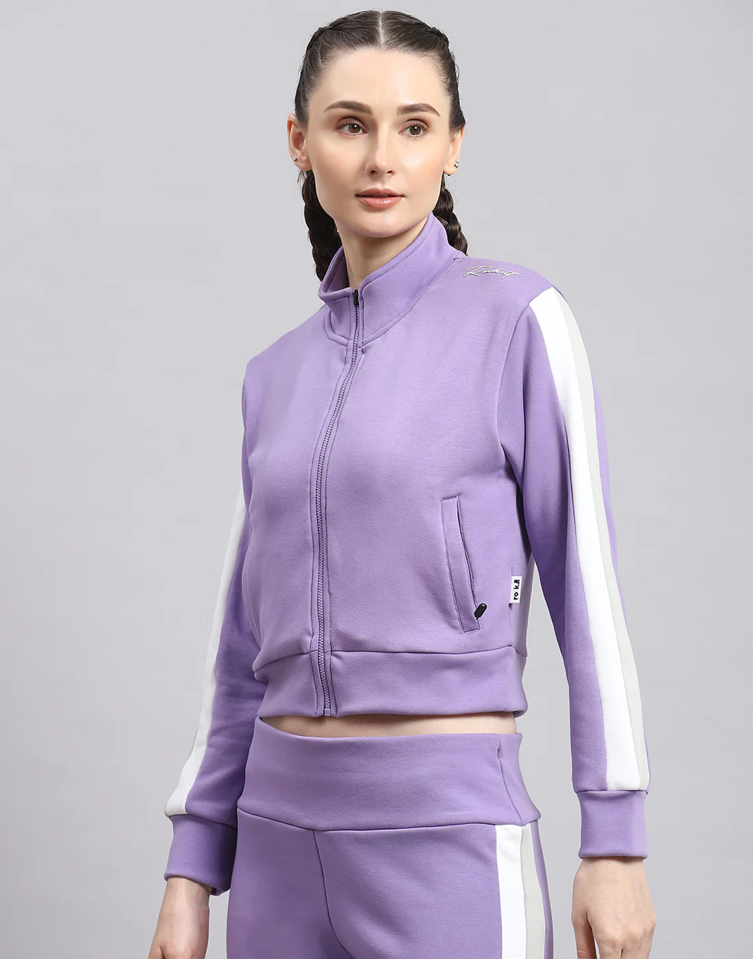Rock.it Women Purple Solid Stand Collar Full Sleeve Sweatshirt - Image 3