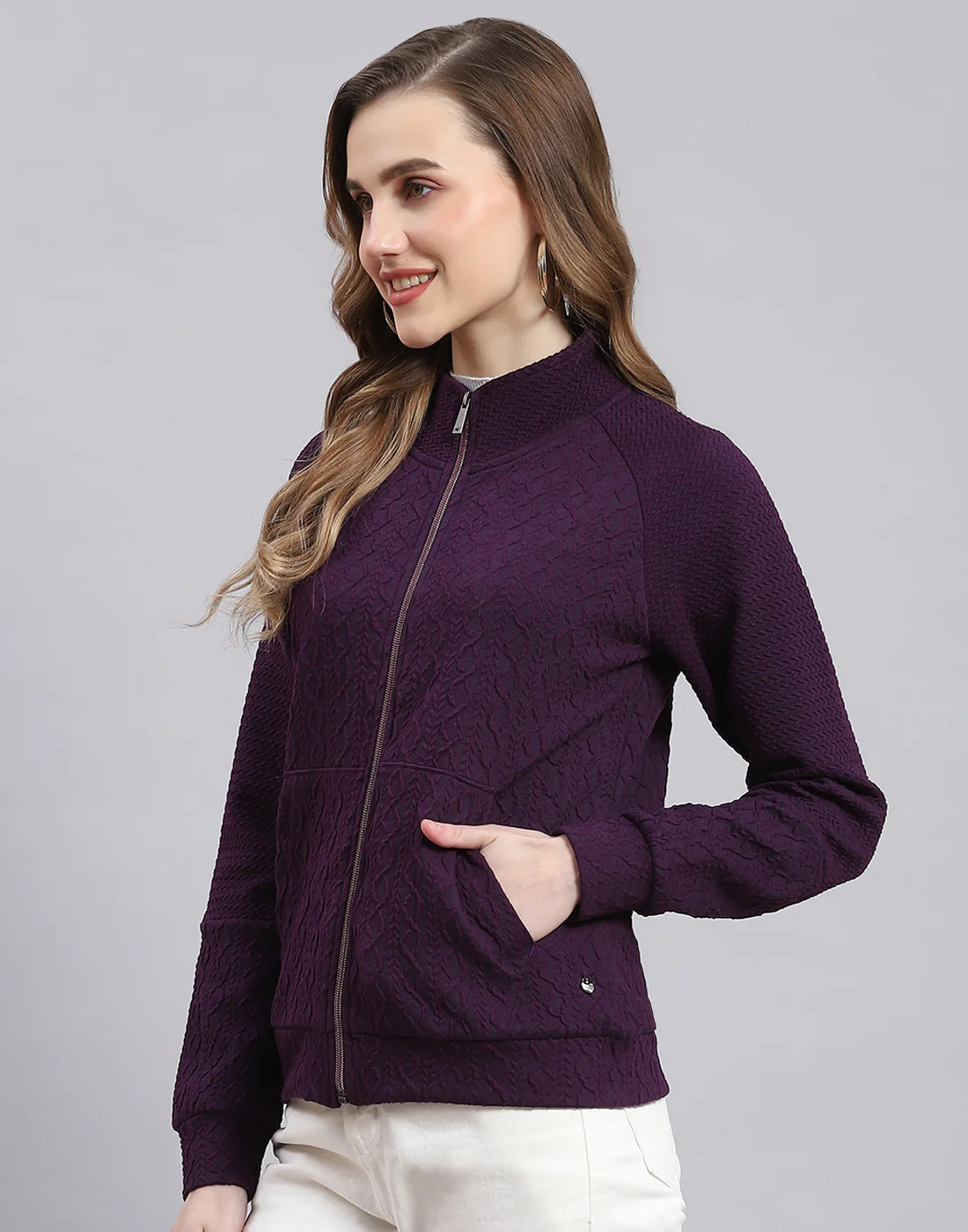 Women Purple Solid Stand Collar Full Sleeve Sweatshirt - Image 3