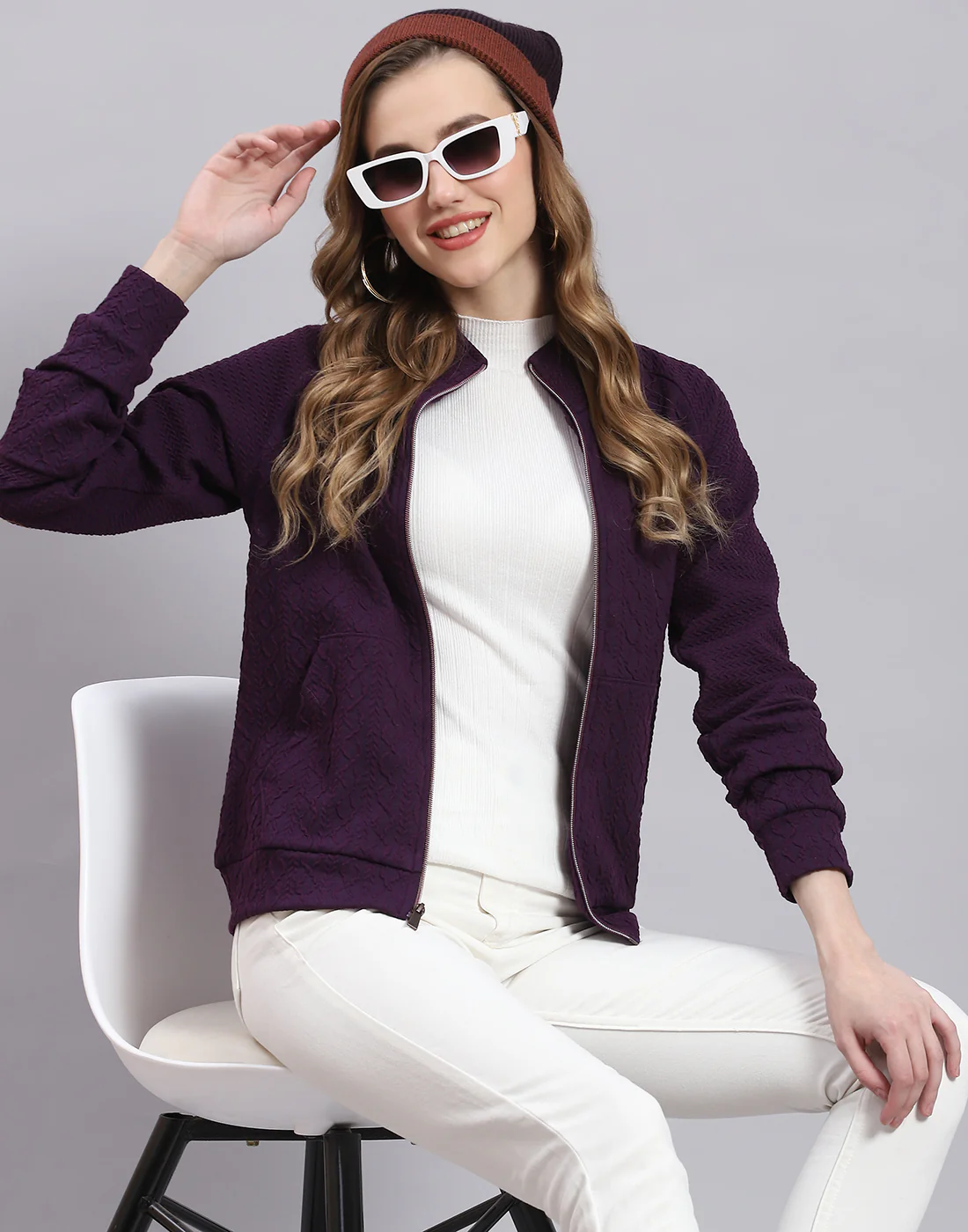 Women Purple Solid Stand Collar Full Sleeve Sweatshirt - Image 6