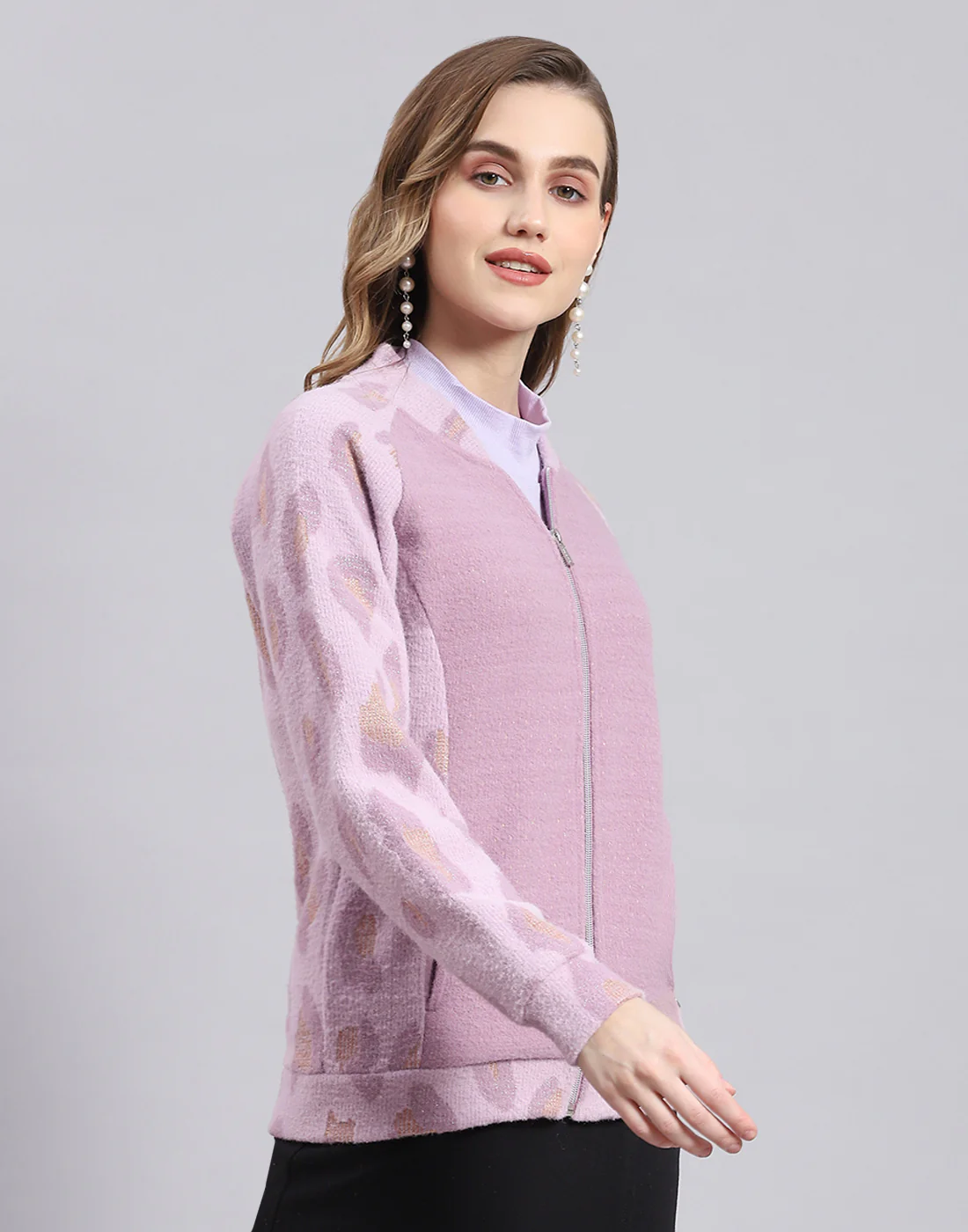 Women Purple Solid Stand Collar Full Sleeve Sweatshirt - Image 4