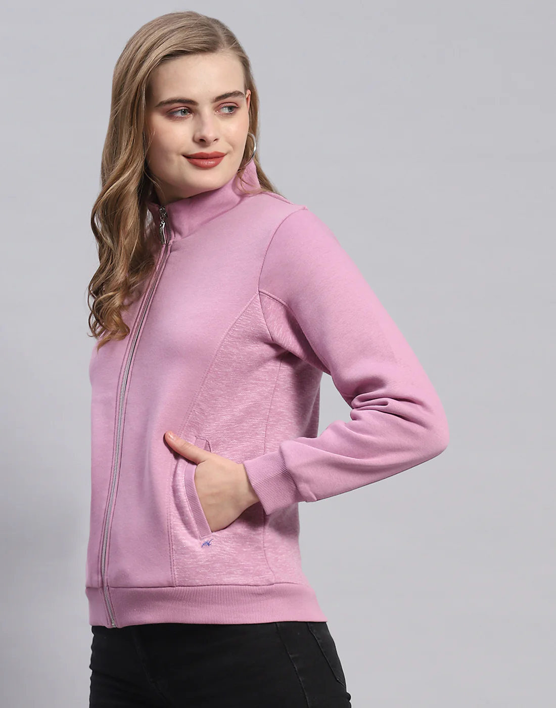 Women Purple Solid Stand Collar Full Sleeve Sweatshirt - Image 3