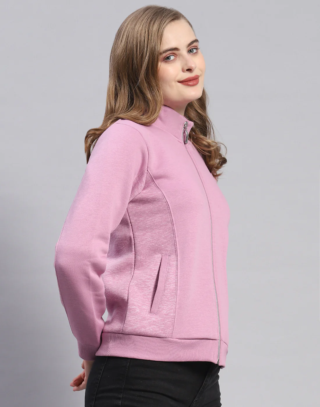 Women Purple Solid Stand Collar Full Sleeve Sweatshirt - Image 4