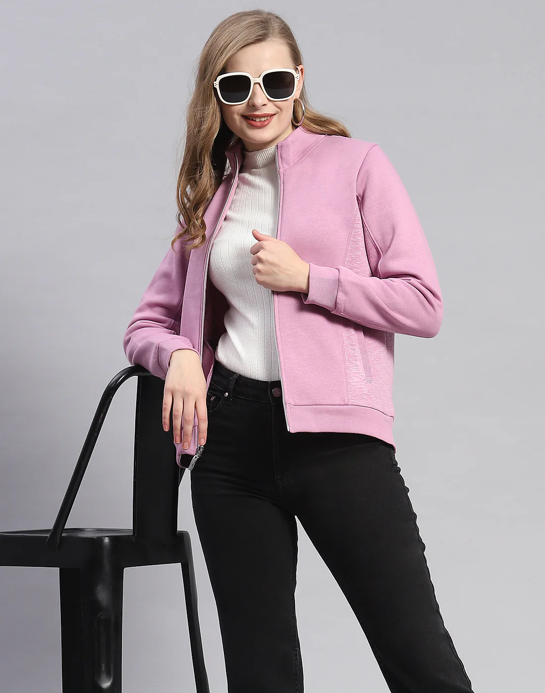 Women Purple Solid Stand Collar Full Sleeve Sweatshirt - Image 6