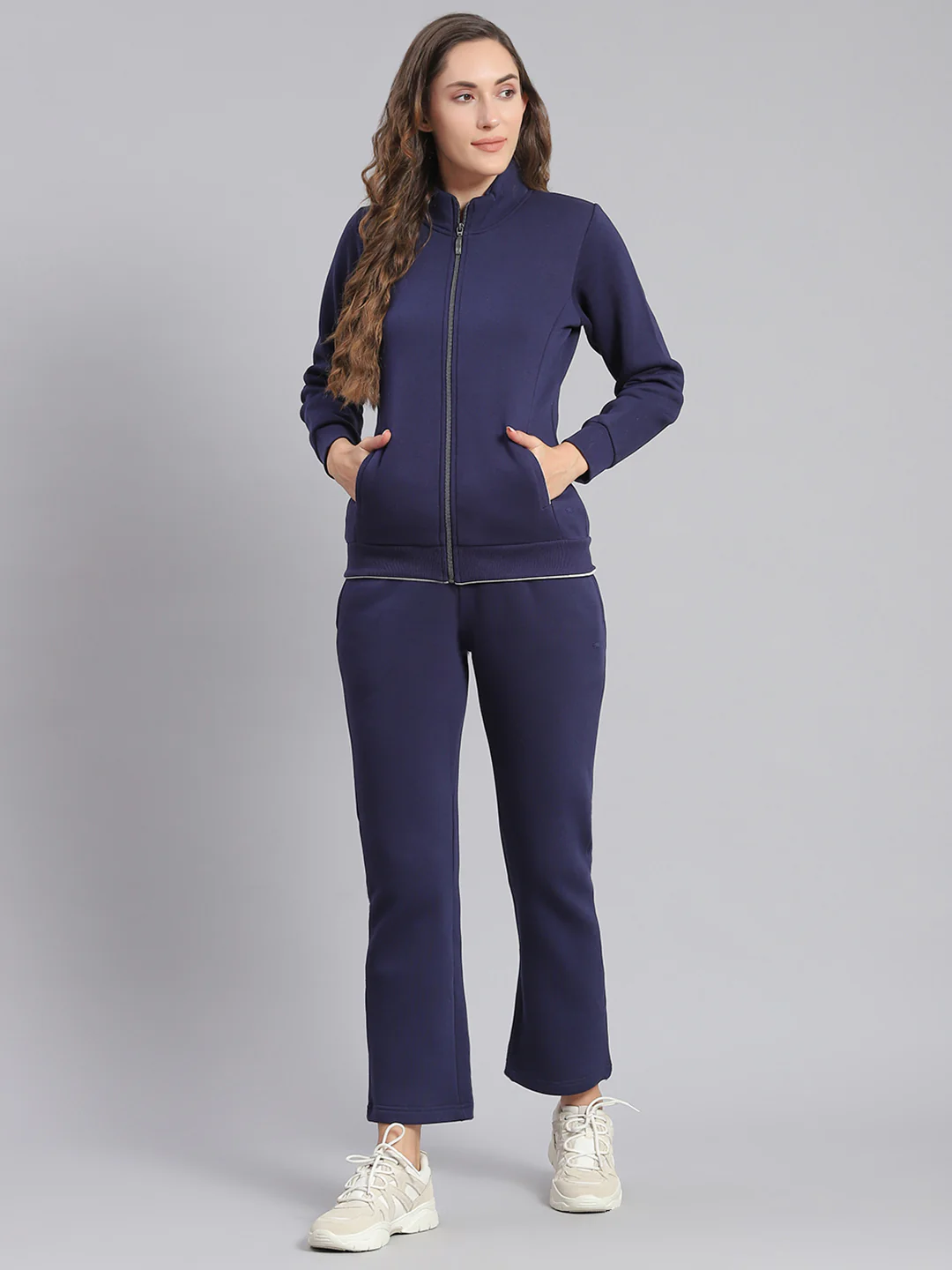 Women Purple Solid Stand Collar Full Sleeve Tracksuits - Image 2