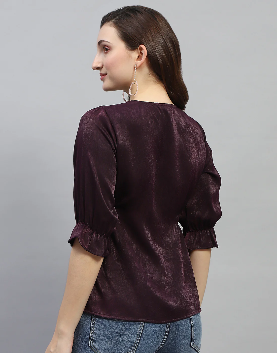 Women Purple Solid V Neck 3/4 Sleeve Top - Image 5