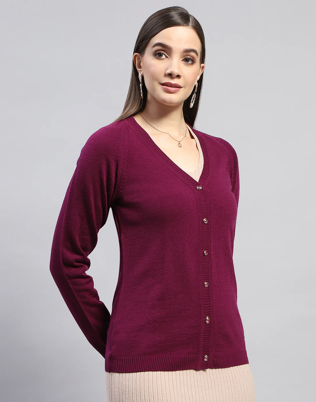 Women Purple Solid V Neck Full Sleeve Cardigan - Image 4