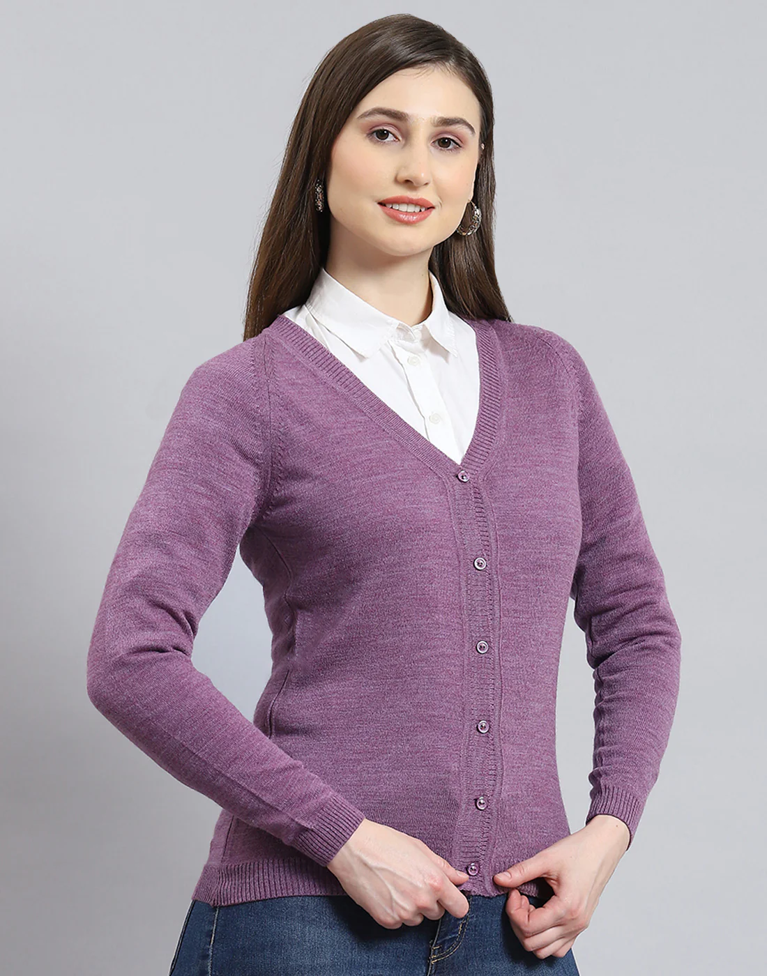 Women Purple Solid V Neck Full Sleeve Cardigan - Image 4