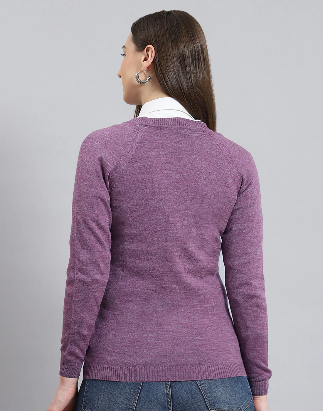 Women Purple Solid V Neck Full Sleeve Cardigan - Image 6