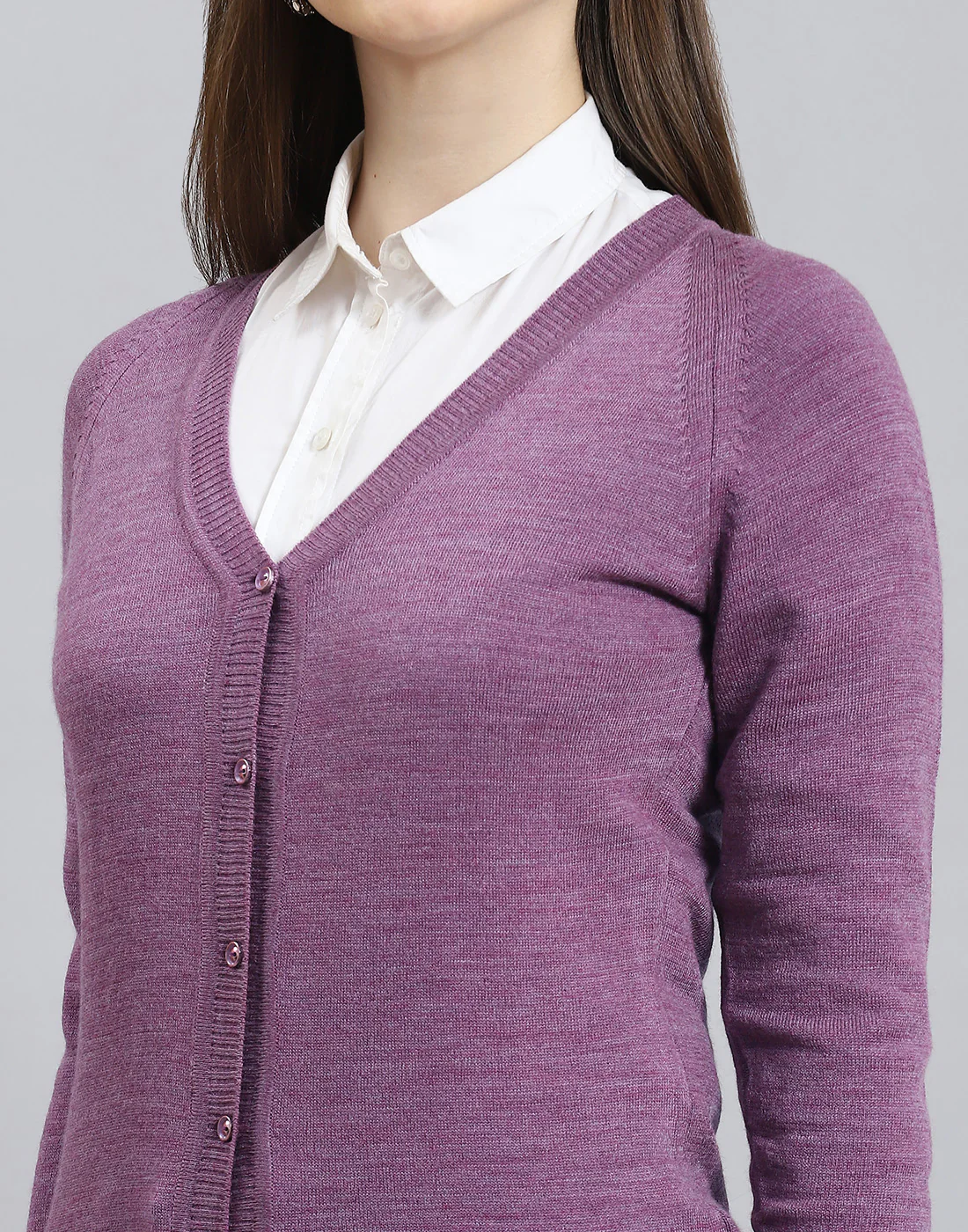Women Purple Solid V Neck Full Sleeve Cardigan - Image 7