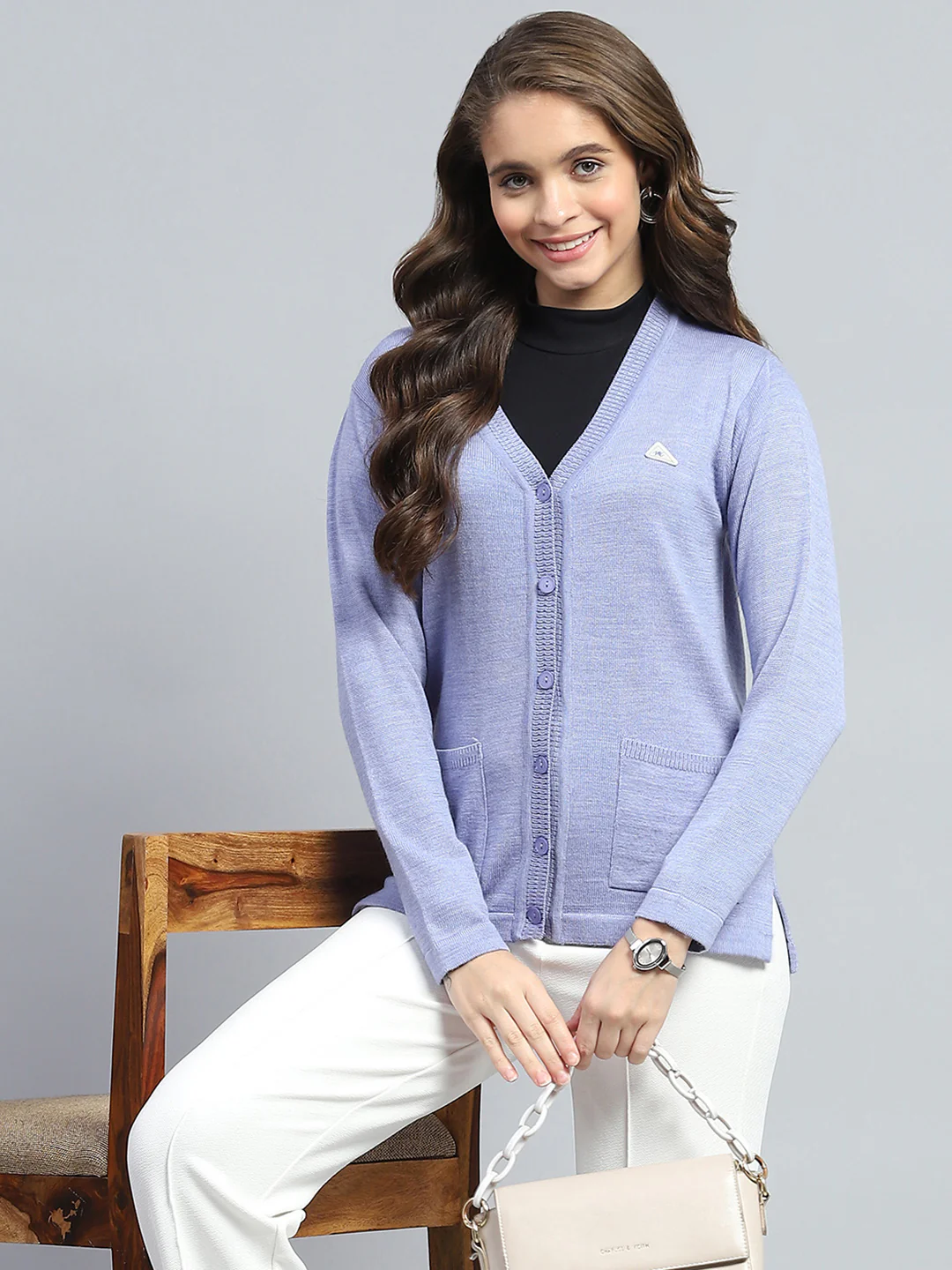 Women Purple Solid V Neck Full Sleeve Cardigan - Image 6