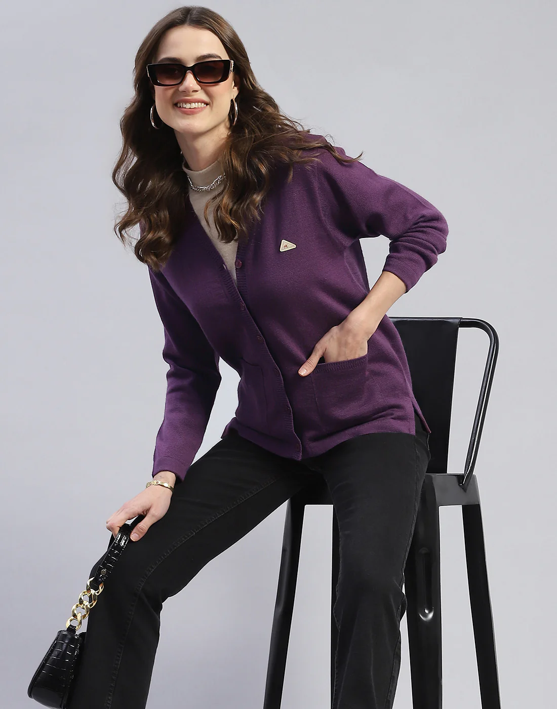 Women Purple Solid V Neck Full Sleeve Cardigan - Image 6