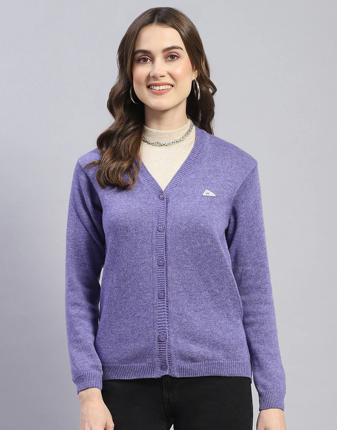 Women Purple Solid V Neck Full Sleeve Cardigan - Image 2