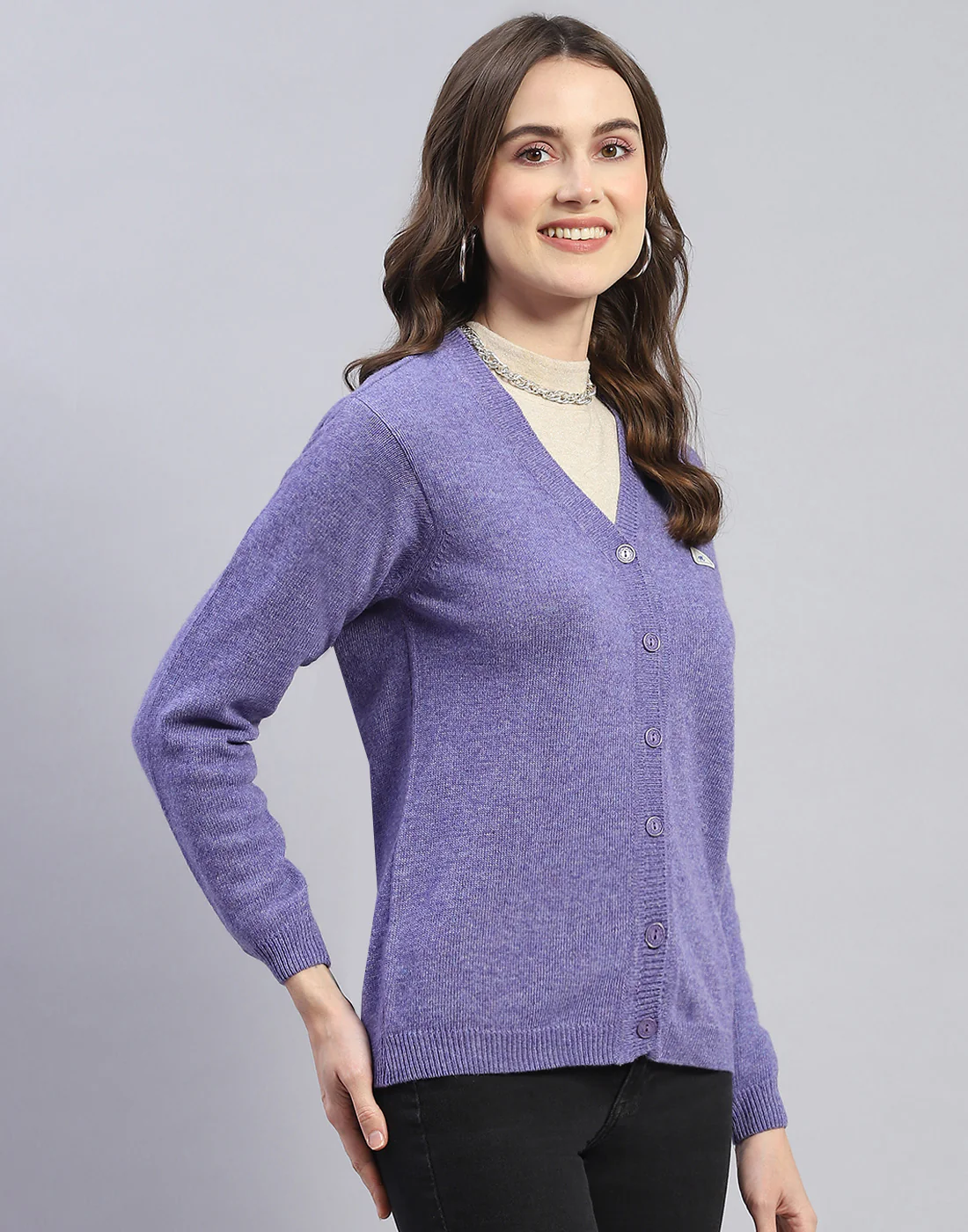 Women Purple Solid V Neck Full Sleeve Cardigan - Image 4