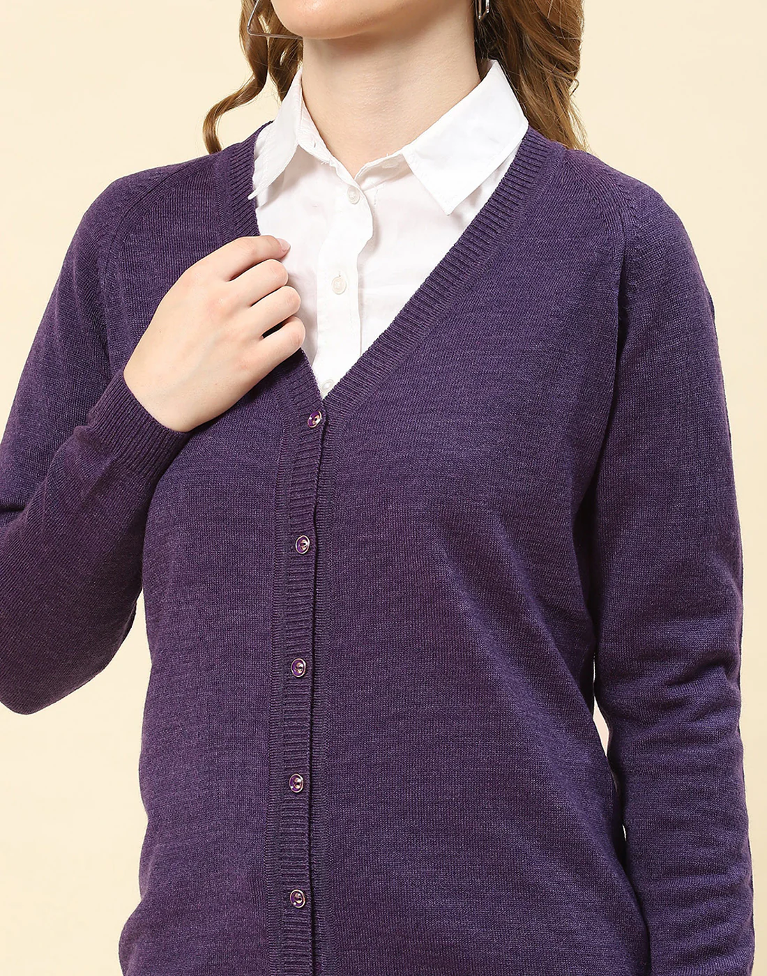 Women Purple Solid V Neck Full Sleeve Cardigan - Image 6