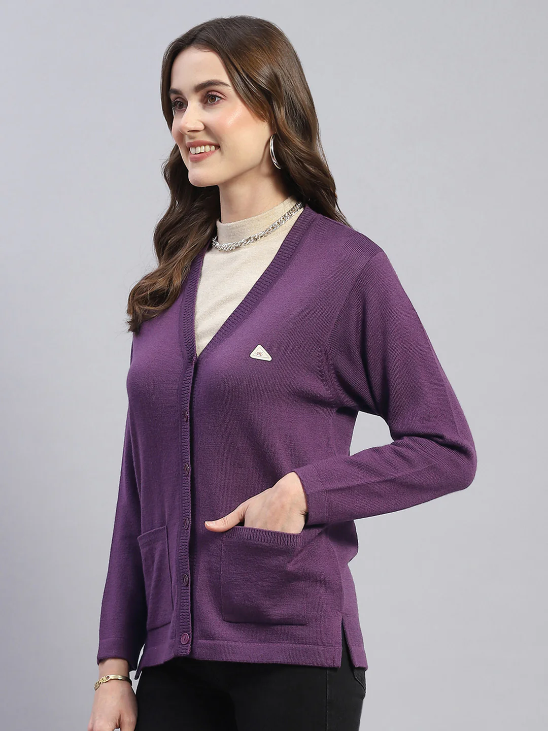 Women Purple Solid V Neck Full Sleeve Cardigan - Image 3