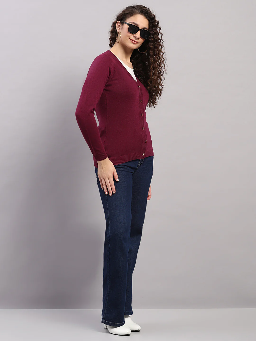 Women Purple Solid V Neck Full Sleeve Cardigan - Image 2