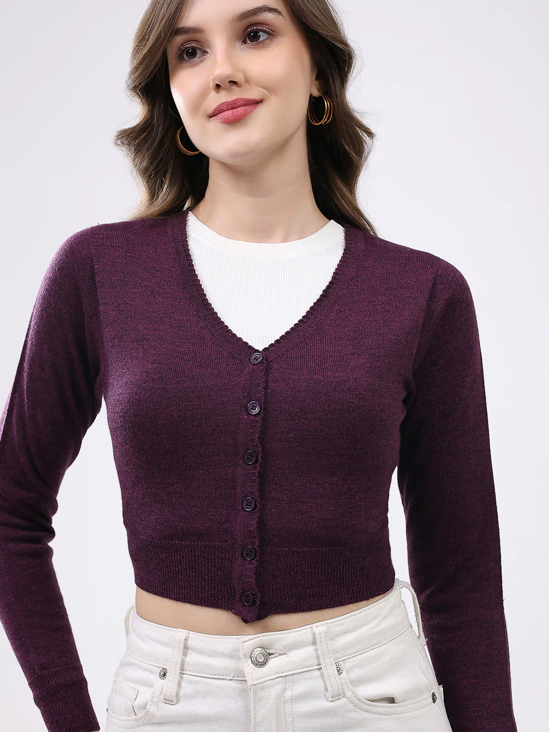 Women Purple Solid V Neck Full Sleeve Cardigan - Image 7