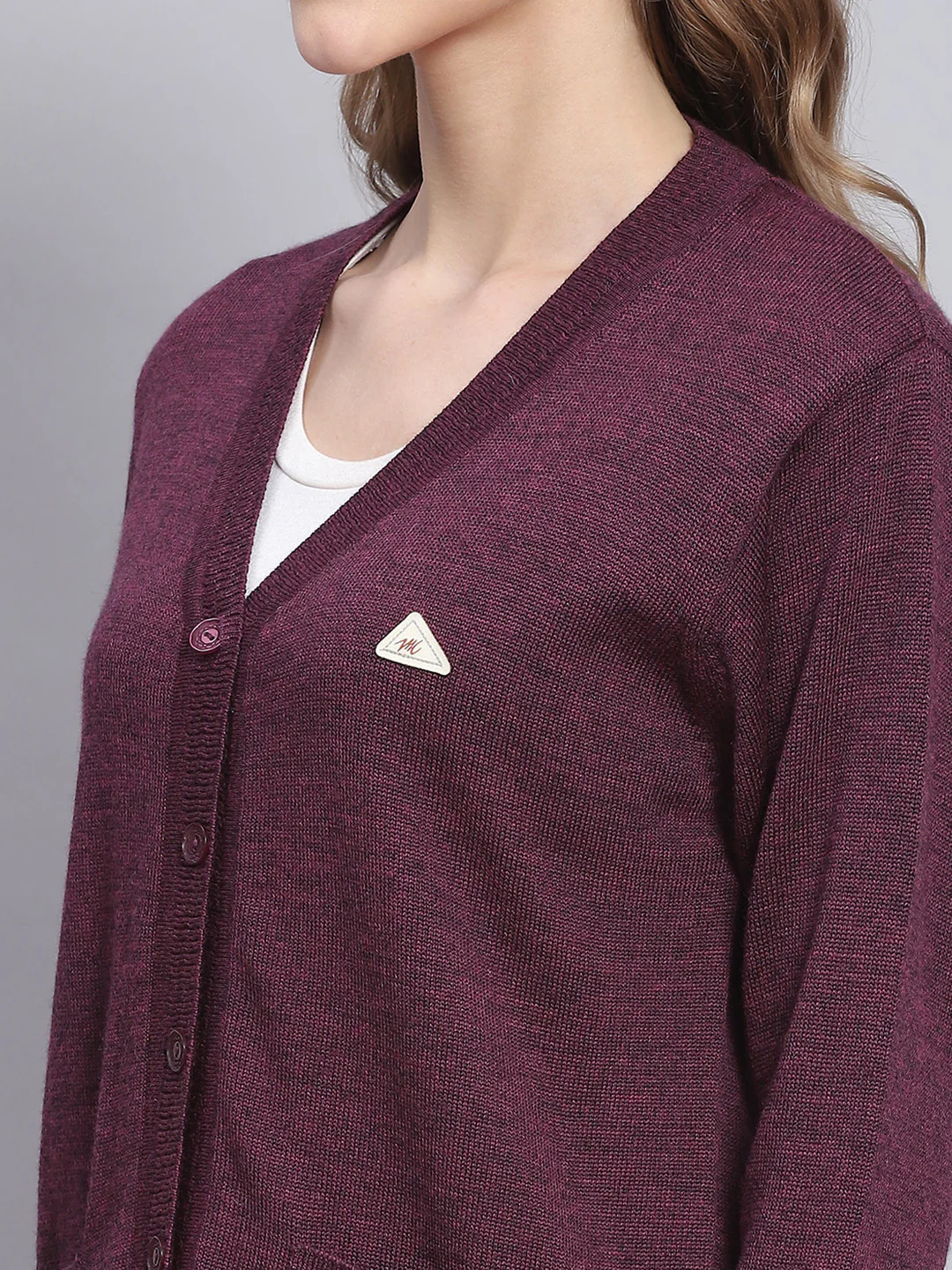 Women Purple Solid V Neck Full Sleeve Cardigans - Image 6