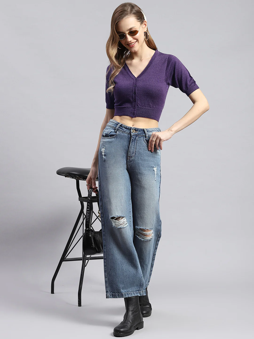 Women Purple Solid V Neck Half Sleeve Blouse - Image 2