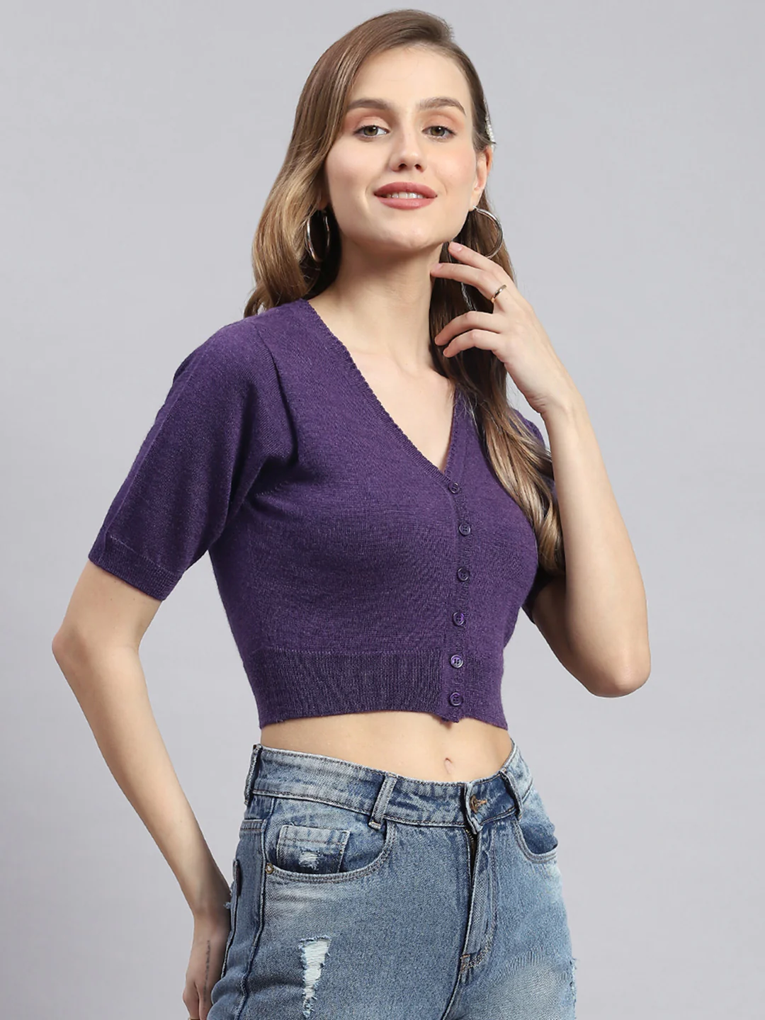Women Purple Solid V Neck Half Sleeve Blouse - Image 4