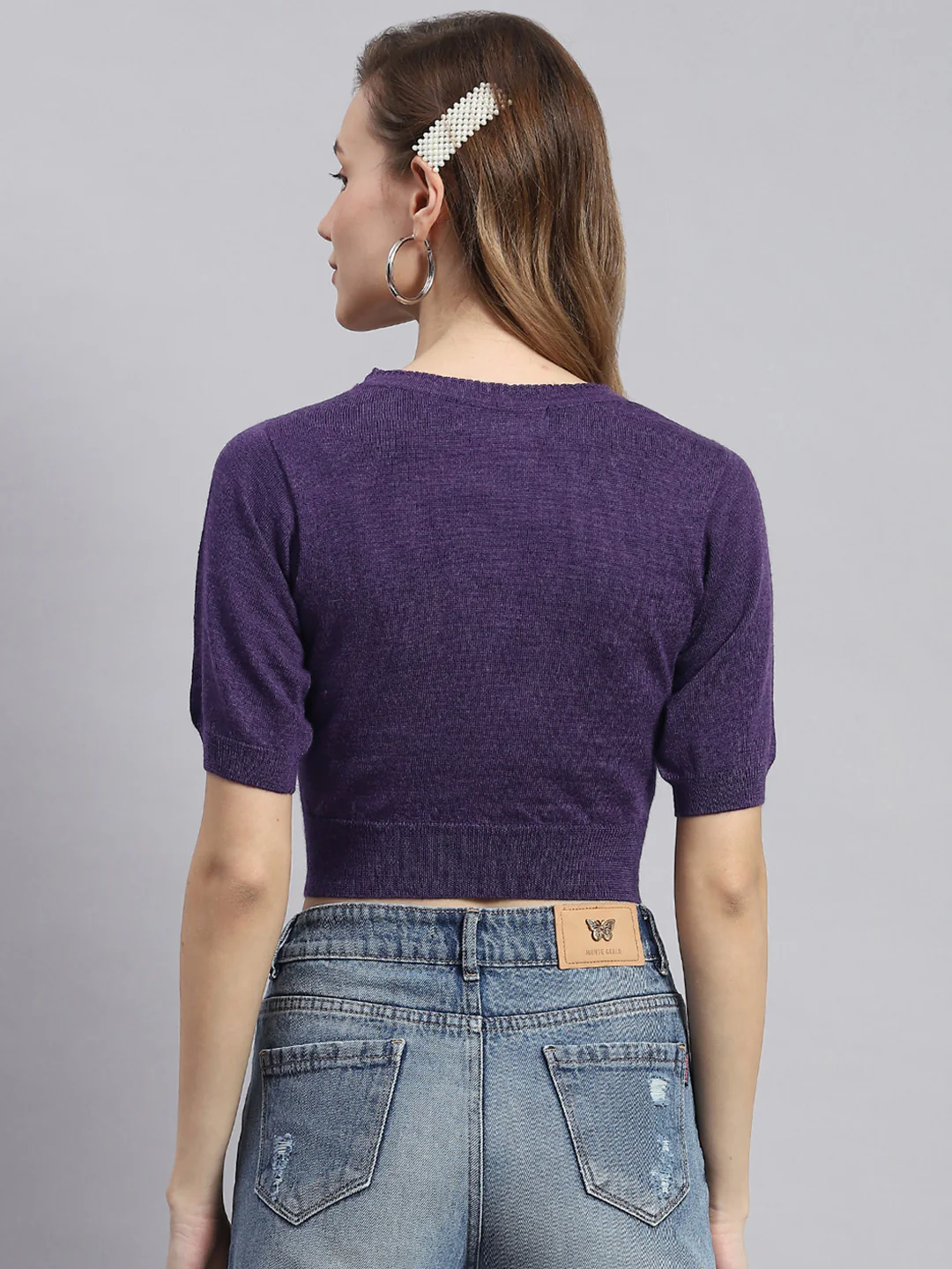 Women Purple Solid V Neck Half Sleeve Blouse - Image 5