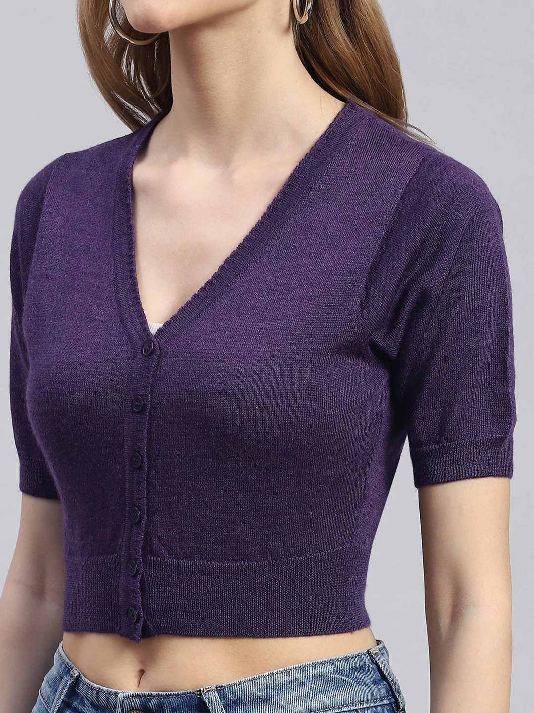 Women Purple Solid V Neck Half Sleeve Blouse - Image 6