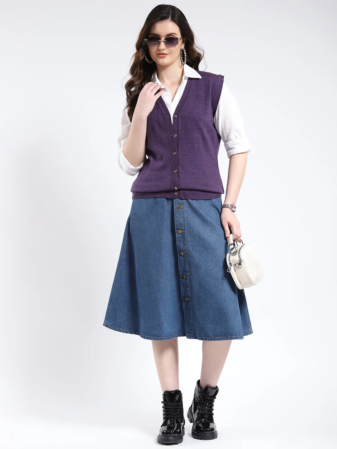 Women Purple Solid V Neck Sleeveless Cardigan - Image 2