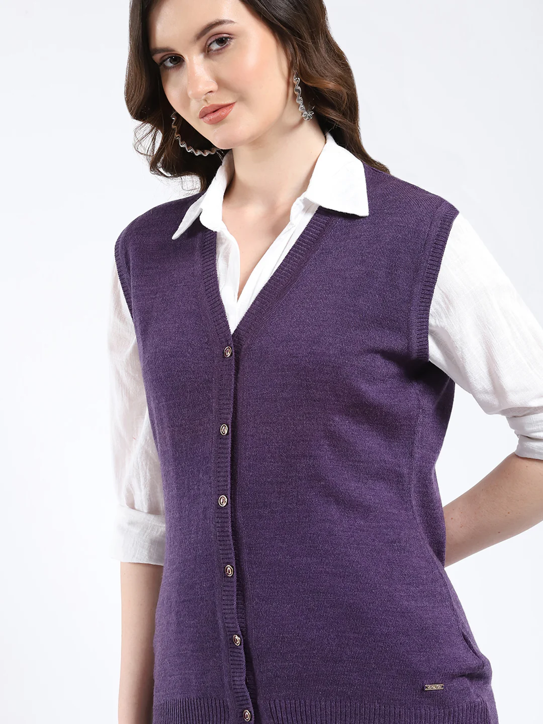 Women Purple Solid V Neck Sleeveless Cardigan - Image 6