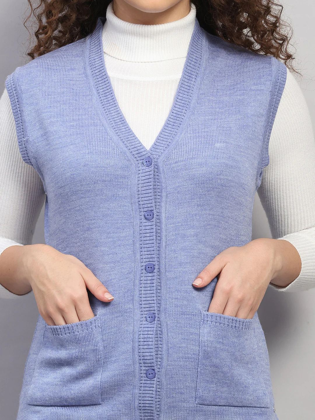 Women Purple Solid V Neck Sleeveless Cardigan - Image 7