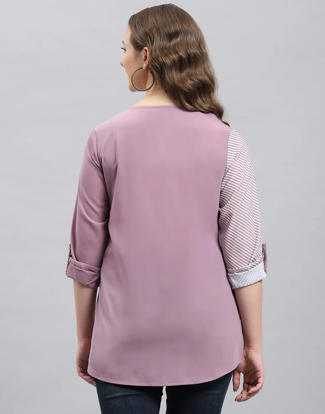 Women Purple Stripe Collar 3/4th Sleeve Top - Image 5