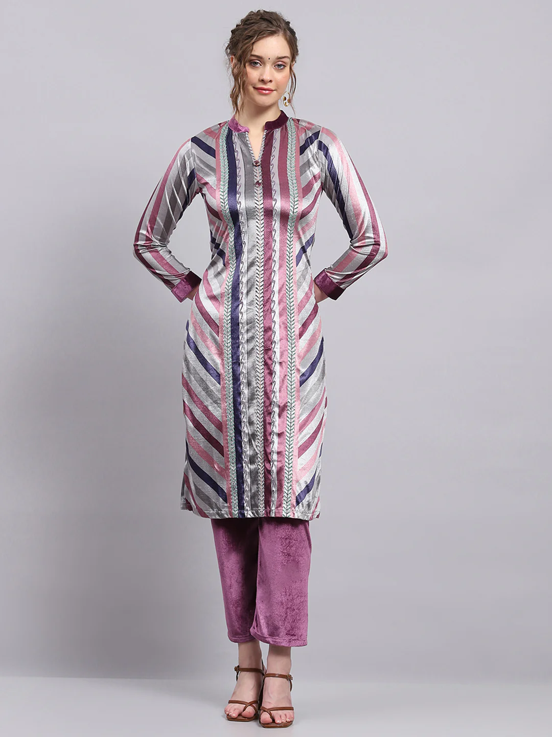 Women Purple Stripe Round Neck 3/4th Sleeve Kurti Set for Winter - Image 3