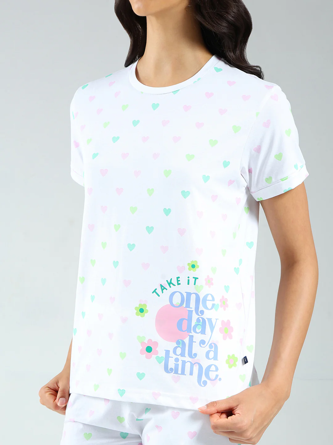 Women Purple & White Printed Round Neck Half Sleeve Combo 3Pc Set (T-Shirt, Shorts & Lower) - Image 9